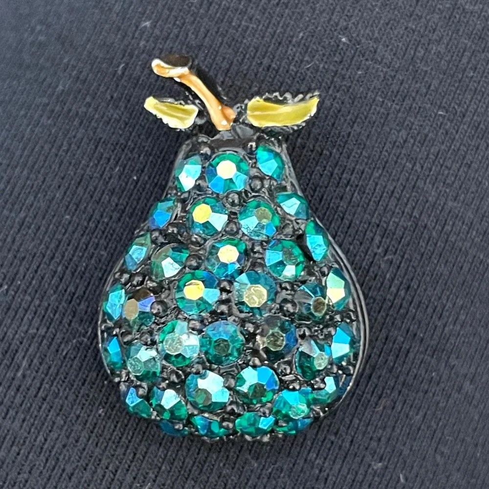 Vintage Japanned Blue AB Rhinestone Pear Pin Brooch